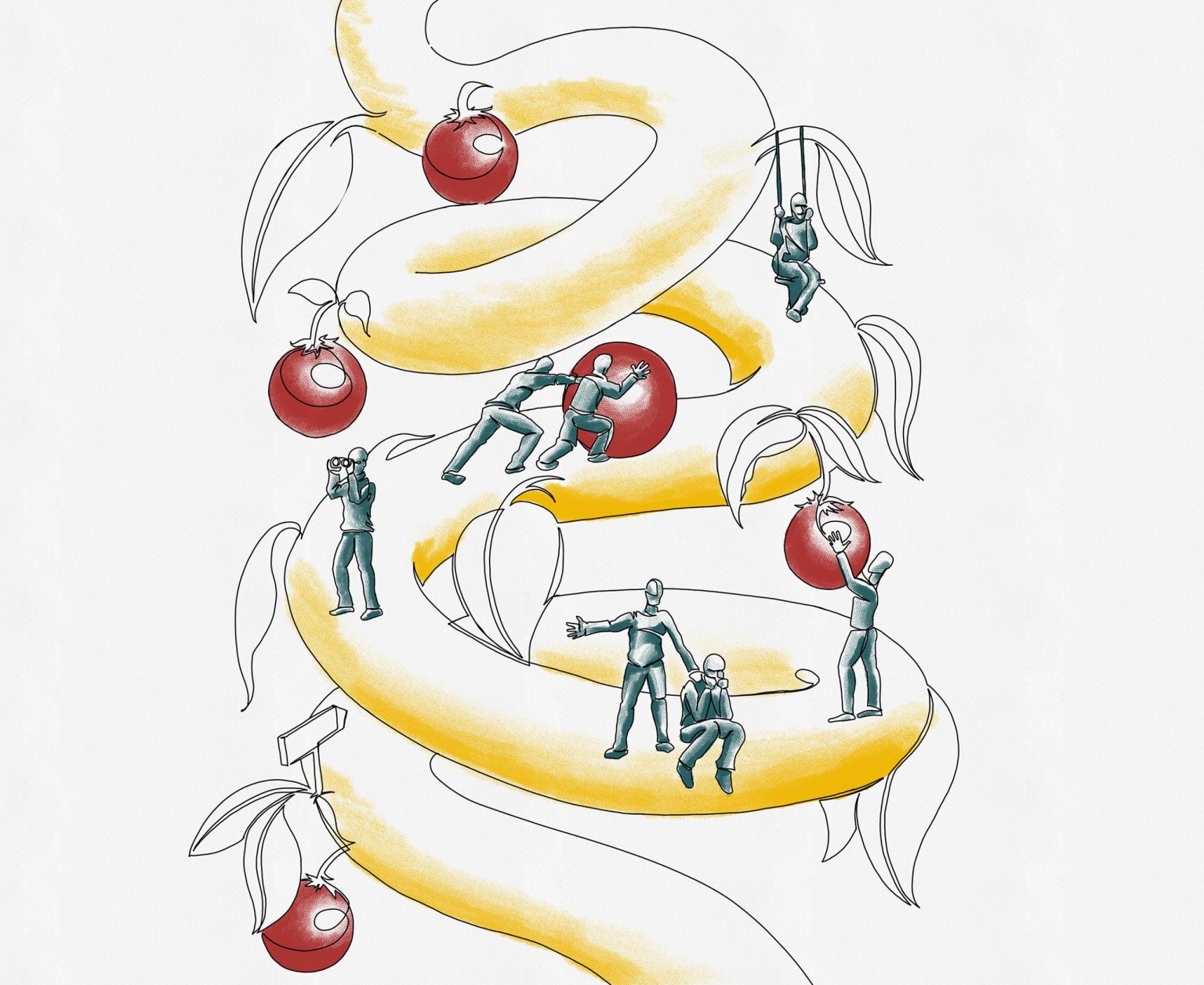Illustration of a growth spiral with figures climbing it and picking fruit